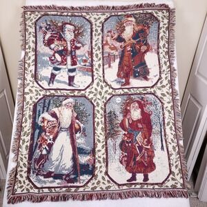 Christmas Santa Tapestry Throw Blanket Woven Fringe Holiday Victorian 46x54